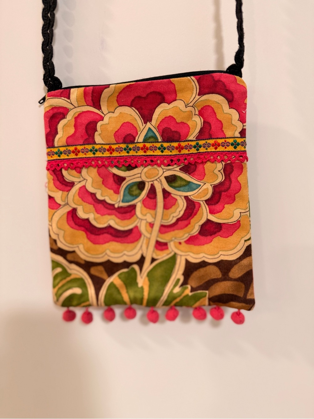 Vintage Floral Pink & Yellow Women's Crossbody Bag with Pom-Pom Trim